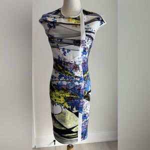 Clover Canyon Strapless Bodycon Dress‎ in Blue, Yellow, and Black